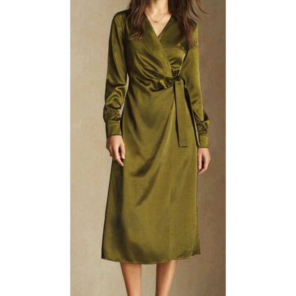 Unbranded Women Dark Olive Green Satin Midi Dress V-Neck Long Sleeve 2XL